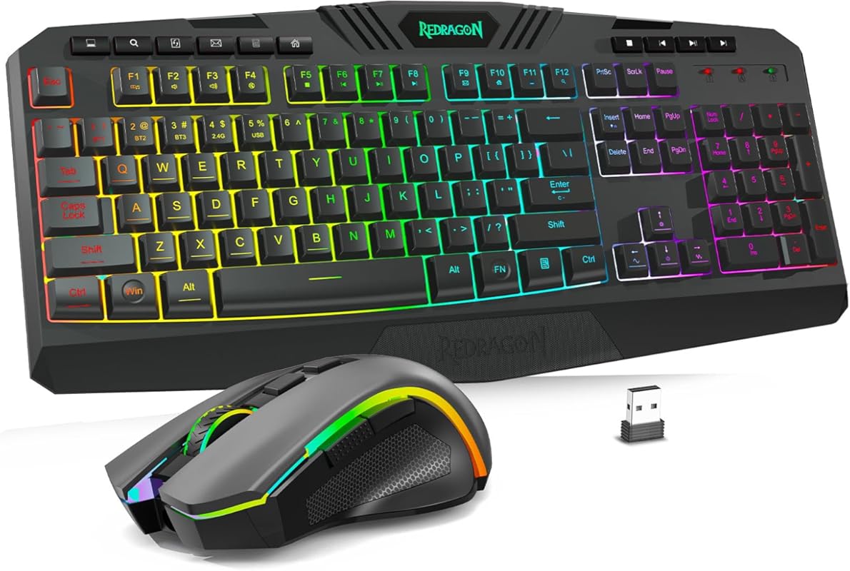 Redragon S101M-KS Tri-Mode Wireless Gaming Keyboard and Mouse with RGB Backlit, 4800 DPI, 10 Multimedia Keys for PC Gamers