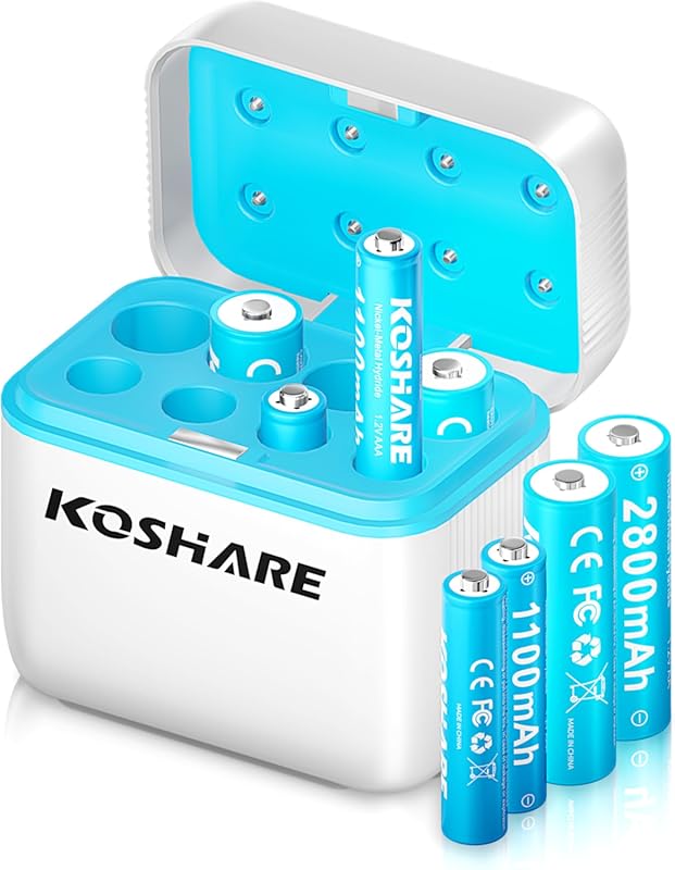 8-Pack 2800mAh AA and 1100mAh AAA Ni-MH Rechargeable Batteries with Ch