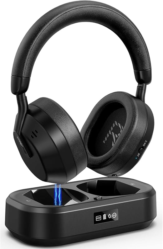 Senior Wireless TV Headphones: LED Display, Charging Base, Bluetooth V