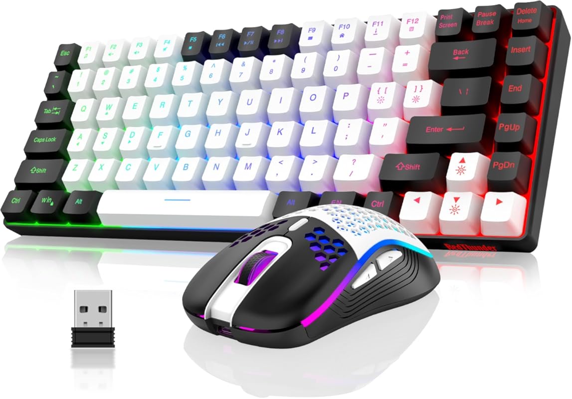 RedThunder K84 Wireless 75% TKL Gaming Keyboard and Mouse Combo: Rainbow Backlit, Rechargeable, Compact 3200 DPI Honeycomb Mouse