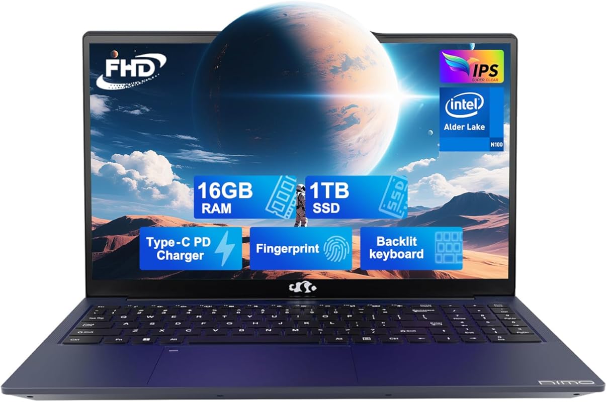 NIMO 15.6-inch FHD Laptop, Intel Pentium N100, 16GB RAM, 1TB SSD, Back