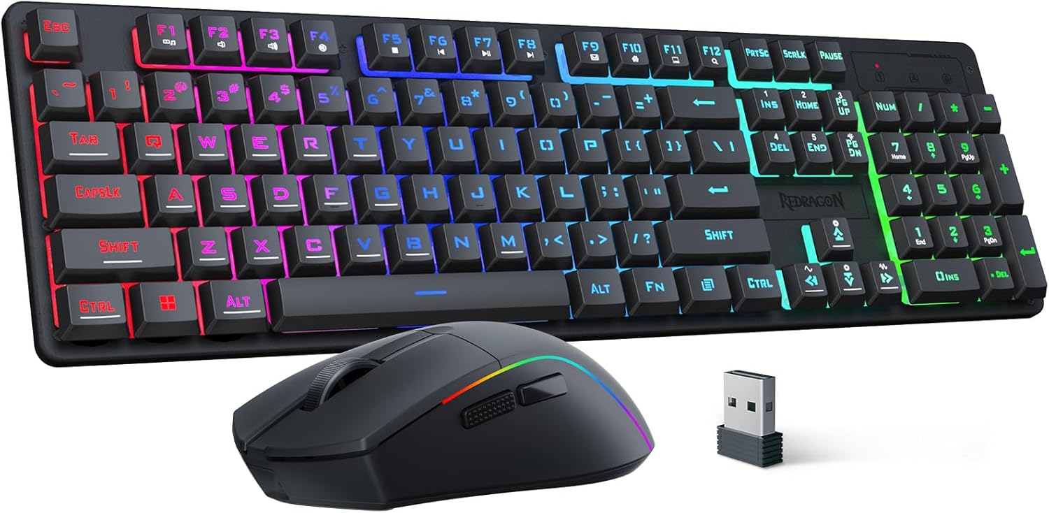 Redragon S107KS Wireless Gaming Keyboard Mouse: RGB Backlit, 3-Mode, 1