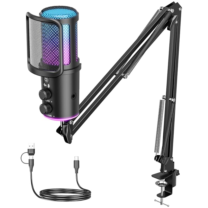 Gaming USB Microphone with Noise Cancellation, Condenser, Mute, Boom A