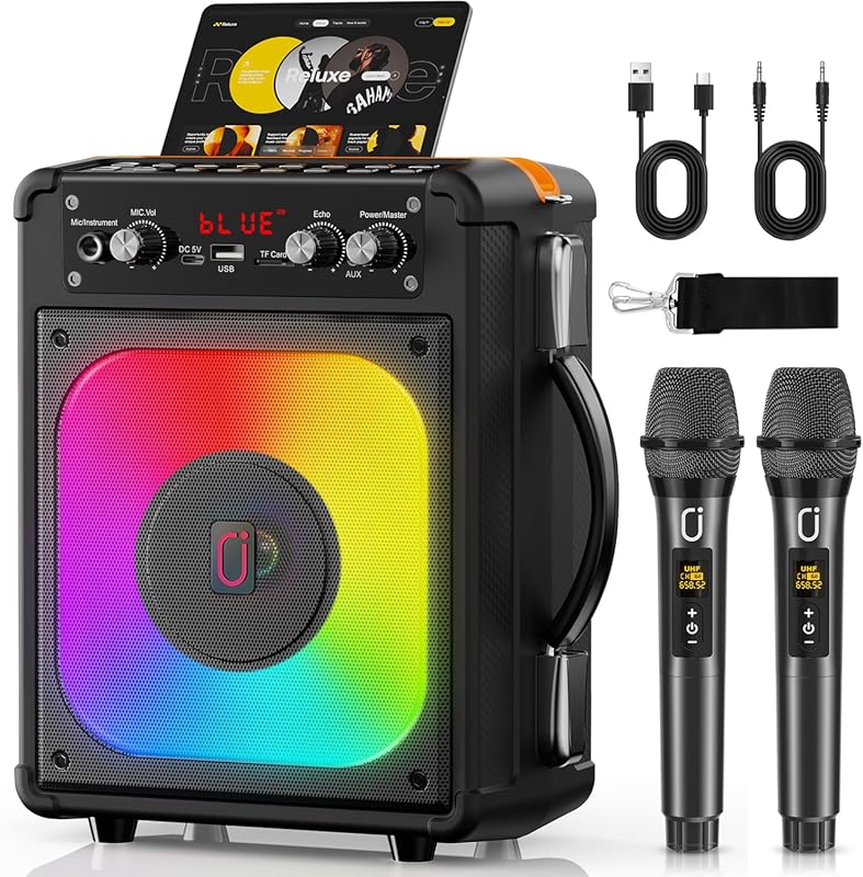Karaoke Machine, Portable Bluetooth Speaker with 2 Wireless Microphone