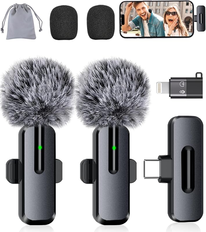 Wireless Mini Lavalier Microphone 2-Pack with Bluetooth Noise Reductio