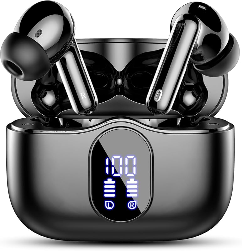 Wireless earbuds with Bluetooth 5.4, noise-canceling mic, LED display,