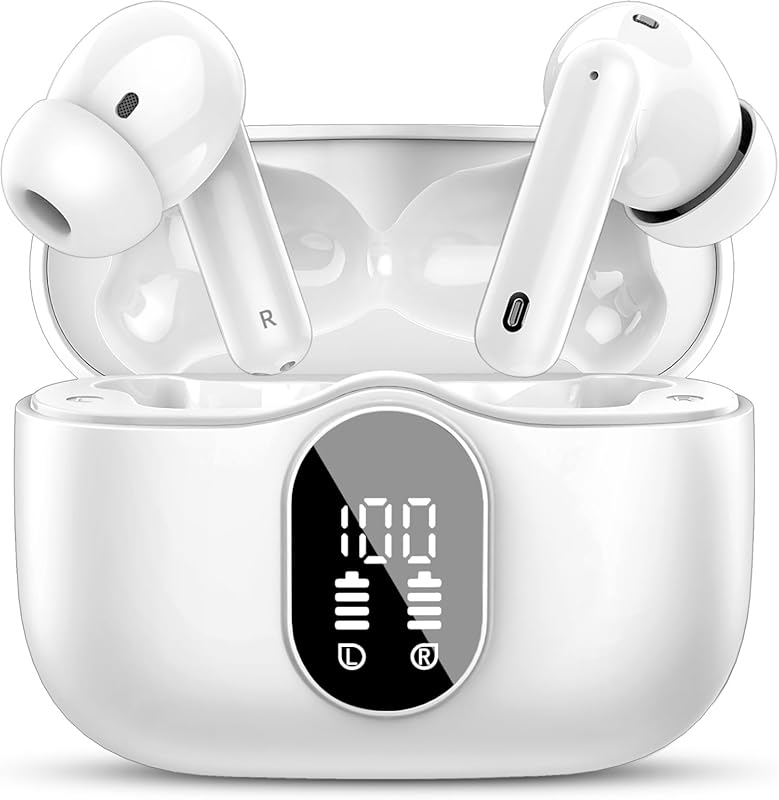White wireless earbuds with Bluetooth 5.4, noise-canceling mic, LED di