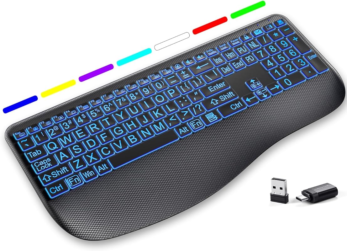 Large Print Backlit Wireless Keyboard: Silent Low-Profile Keys, 7-Colo
