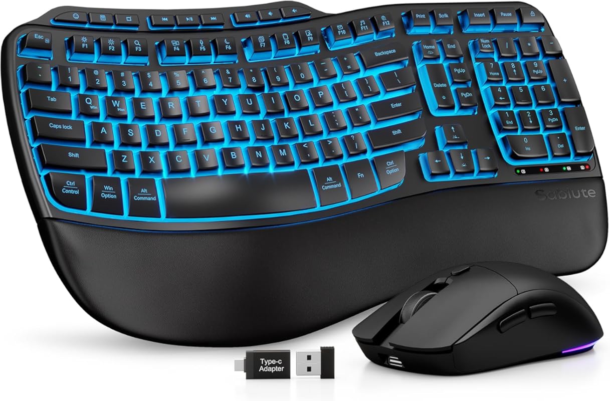 SABLUTE Ergonomic Wireless Combo: 4000mAh Rechargeable Backlit Keyboar