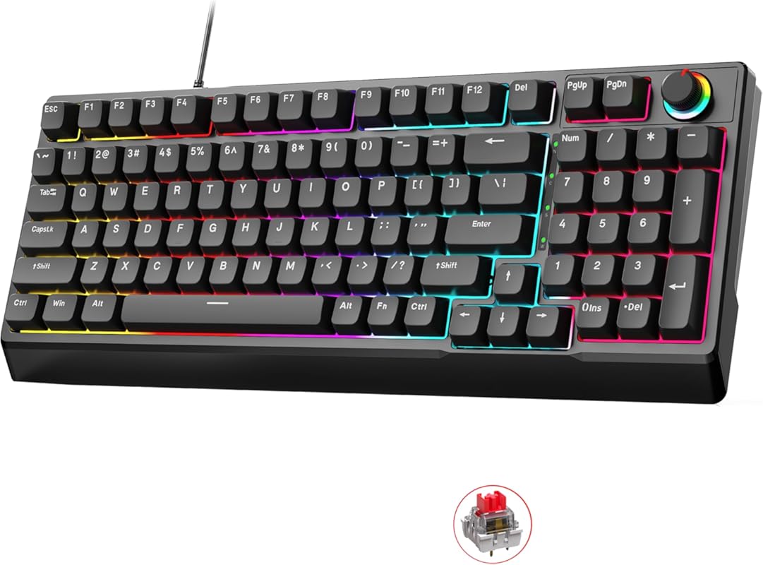 98 Keys Mechanical Gaming Keyboard with Red Switches, RGB Backlit, Mul