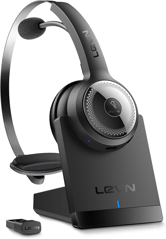 LEVN Wireless Headset ANC Mic, Mute Button, Charging Base, Long Batter
