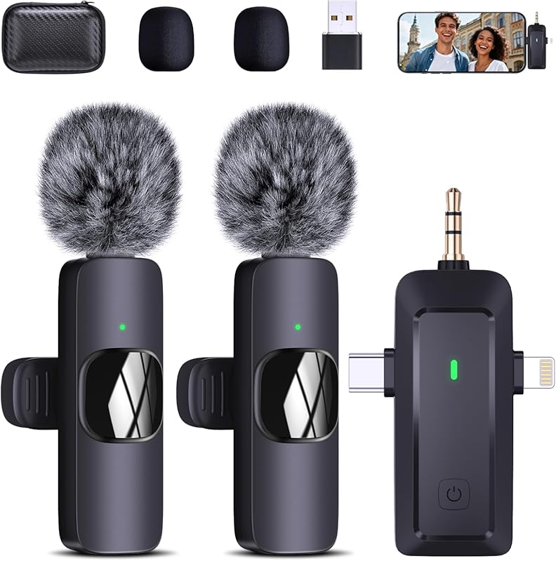Wireless Lavalier Microphone 4-in-1 for iPhone Android Phones Cameras 