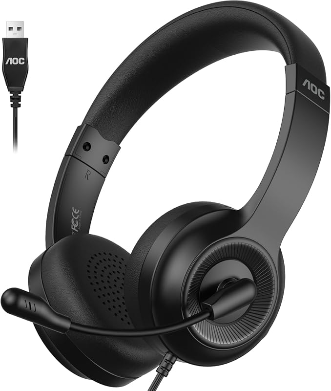 AOC Over-Ear Wired USB Headset with Noise-Cancelling Microphone and 40