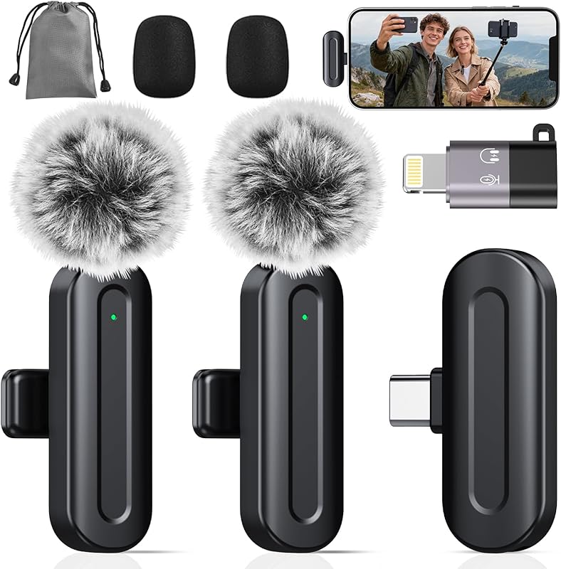 PQRQP Wireless Mini Lavalier Mic 2-Pack for iPhone iPad Android USB-C 