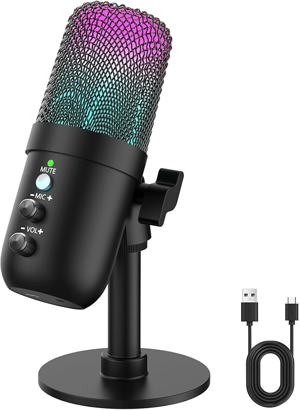 USB Mic Noise Cancellation Echo RGB Lighting Mute Plug Play Gaming Str