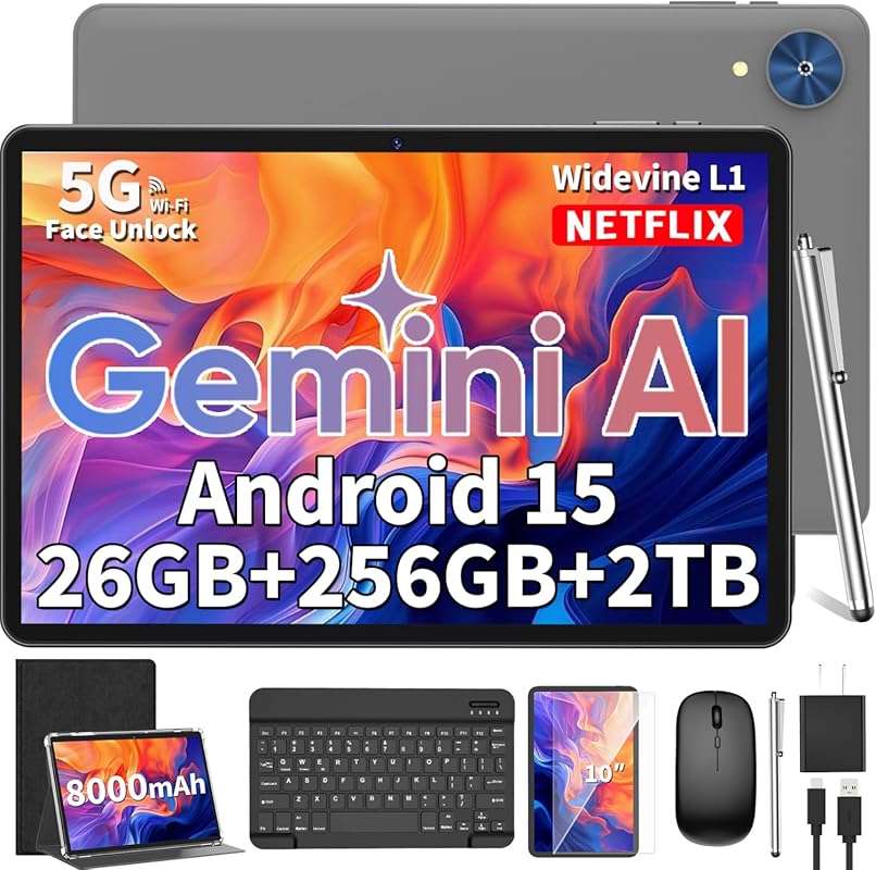 2026 10-inch Android 15 Tablet: 26GB RAM, 256GB+2TB, Gemini AI, 8000mA
