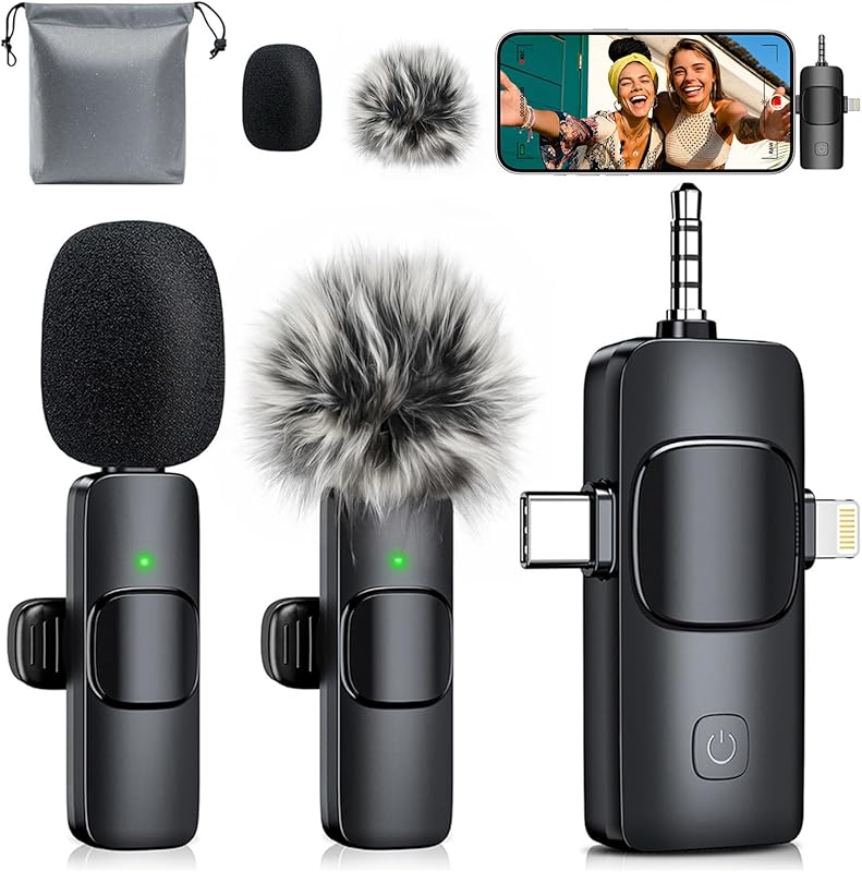 3-in-1 Mini Wireless Lavalier Mic for iPhone with 80ft Range, 15H Batt