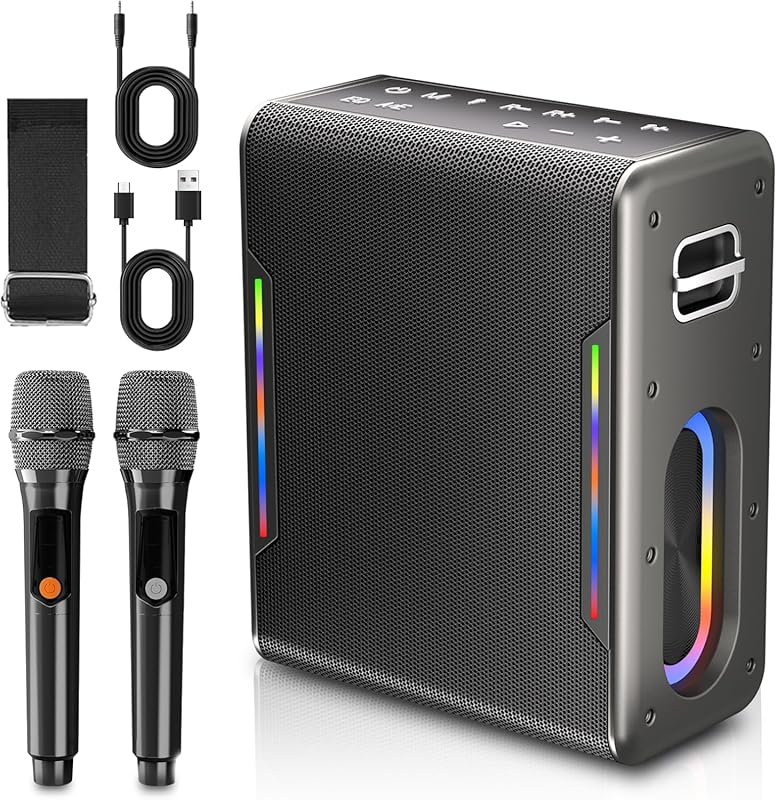 Karaoke Machine with Two Wireless Microphones, Powerful Portable Bluet
