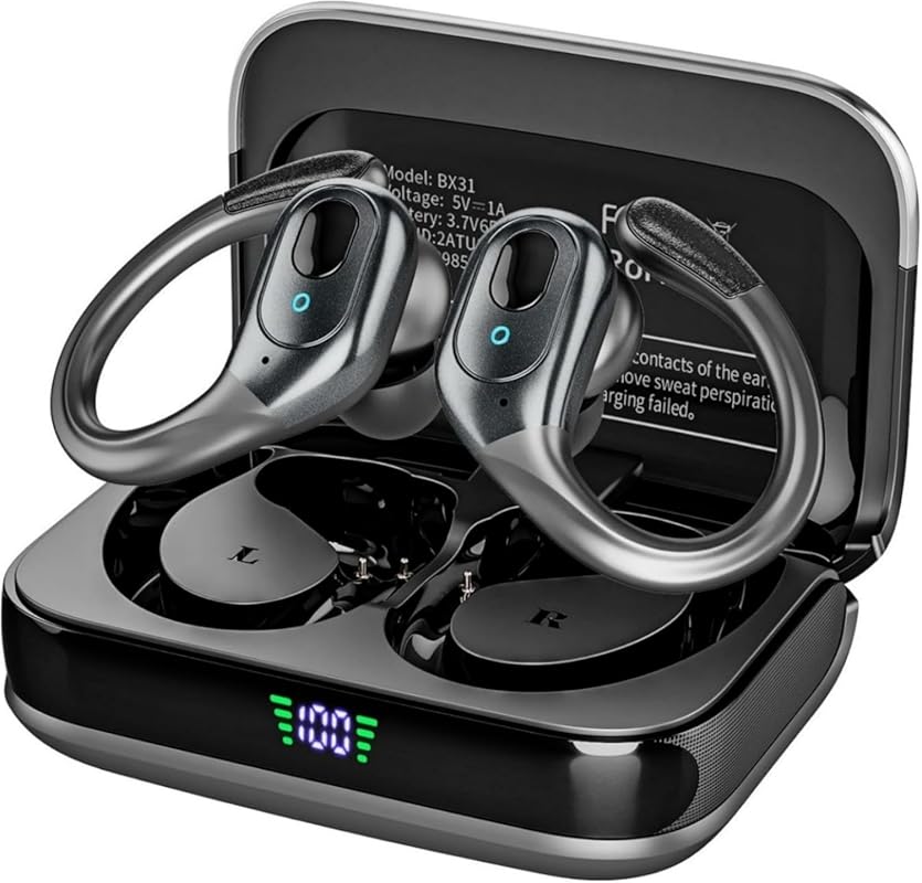 Sports wireless earbuds with 75-hour battery, LED power display, noise