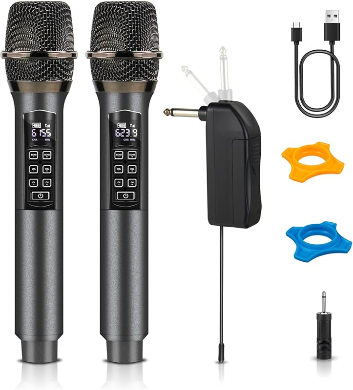 Wireless Dual Cordless Mic for Karaoke - 500ft, Rechargeable, 2.4GHz,