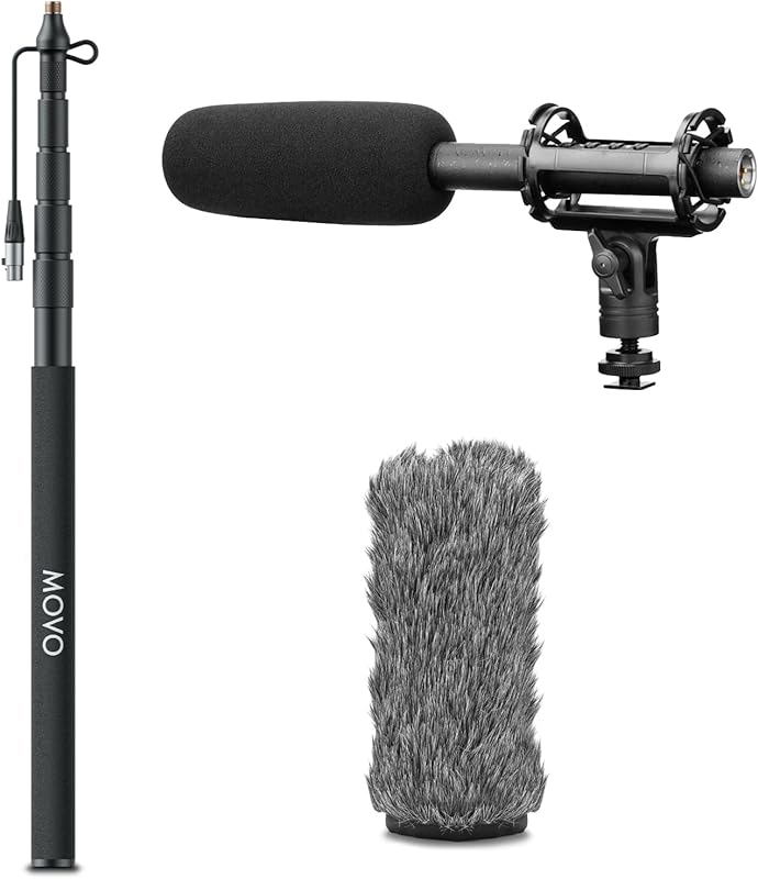 Movo XLR Shotgun Microphone Boom Pole Kit with 12-Point Shockmount and