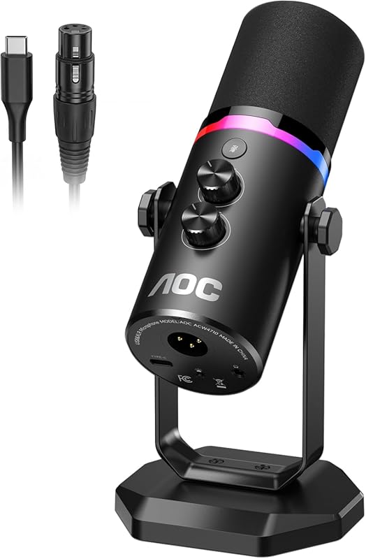 AOC USB XLR Microphone RGB Light Mute Button Headphone Jack Stand XLR 