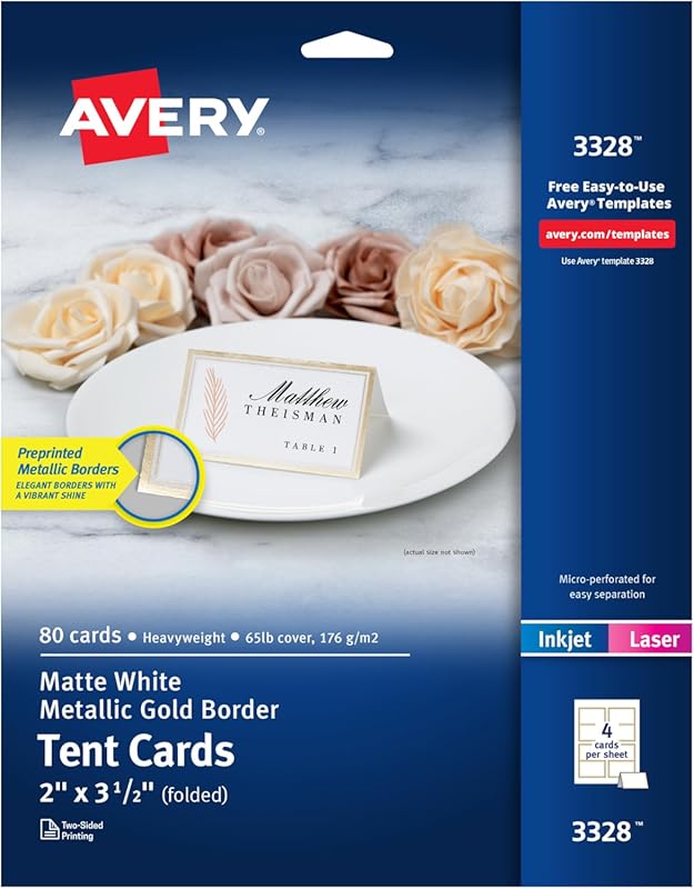 Avery 3328 Printable Tent Cards with Gold Borders – 2x3.5 White Place