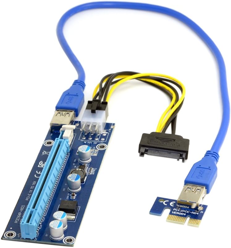 JSER PCI-E 1x to 16x Mining Riser Adapter with USB 3.0 & 6Pin Power Ca