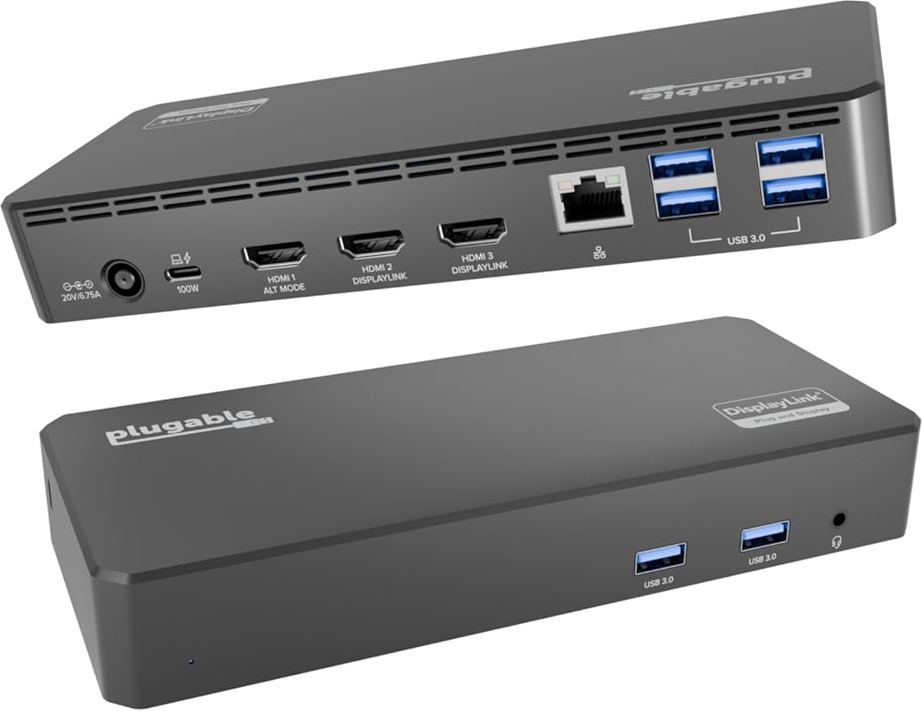 Plugable USB C Triple Display Docking Station with 100W PD, 3x HDMI (1