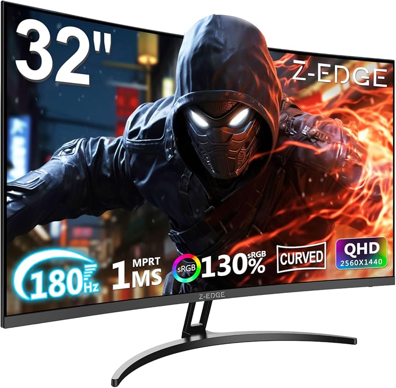 Z-Edge 32-Inch Curved QHD Gaming Monitor, 1440p, 180Hz, 1500R, MPRT 1m