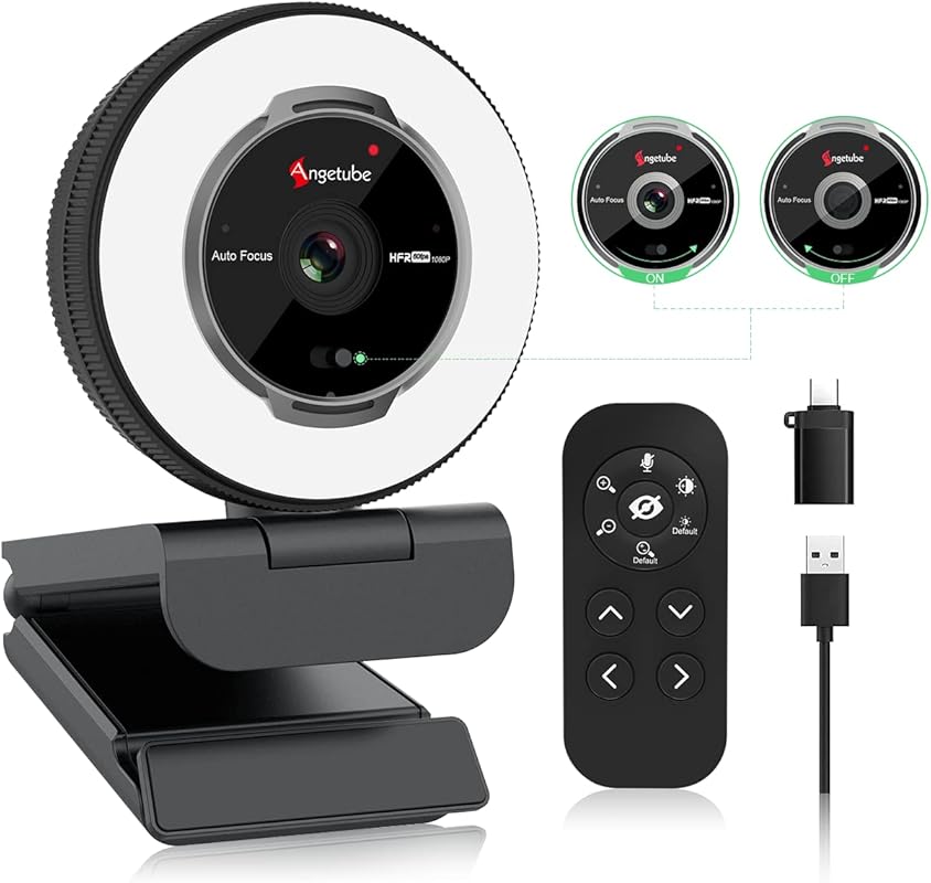 Angetube 1080P 60FPS Streaming Webcam with Ring Light, Remote Control,