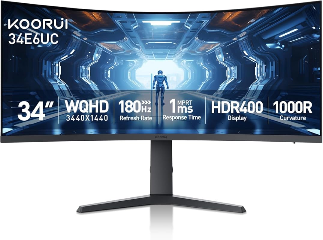 KOORUI 34E6UC 34-inch Curved WQHD Gaming Monitor: 180Hz, 1ms MPRT, HDR