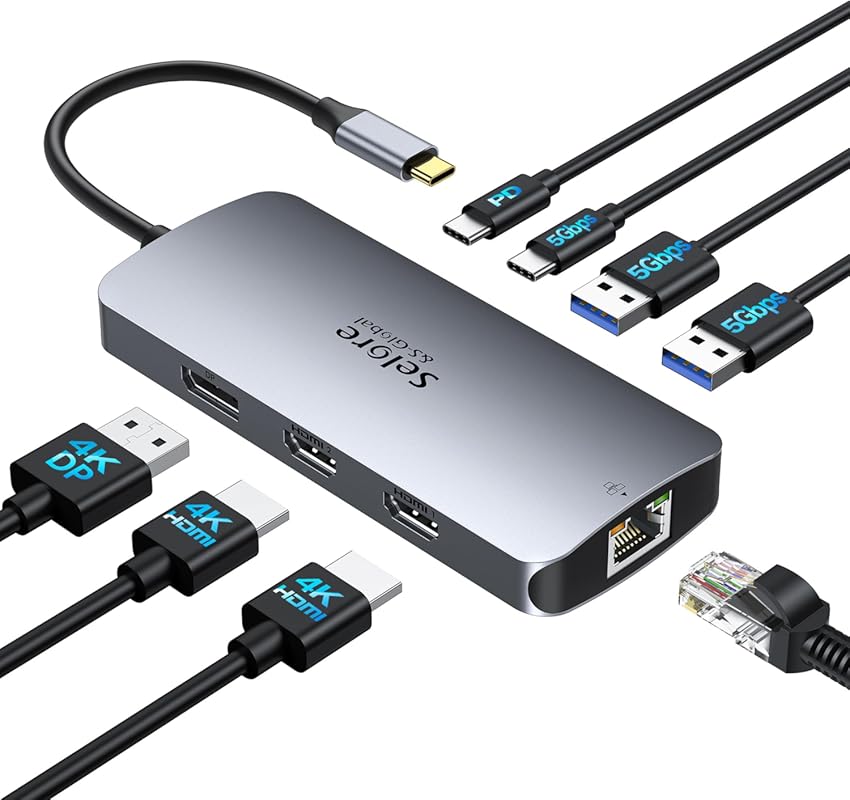 Selore USB C Docking Station: Triple 4K Monitor Support, 2 HDMI, DP, 1