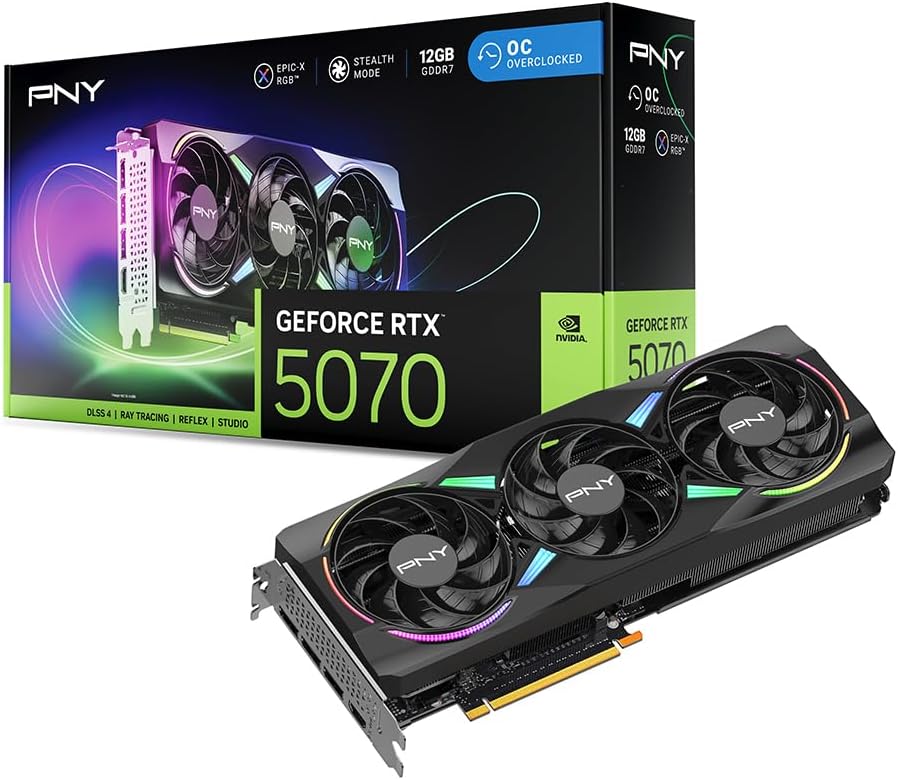 PNY RTX 5070 Epic-X ARGB OC Triple Fan GPU with 12GB GDDR7, PCIe 5.0,