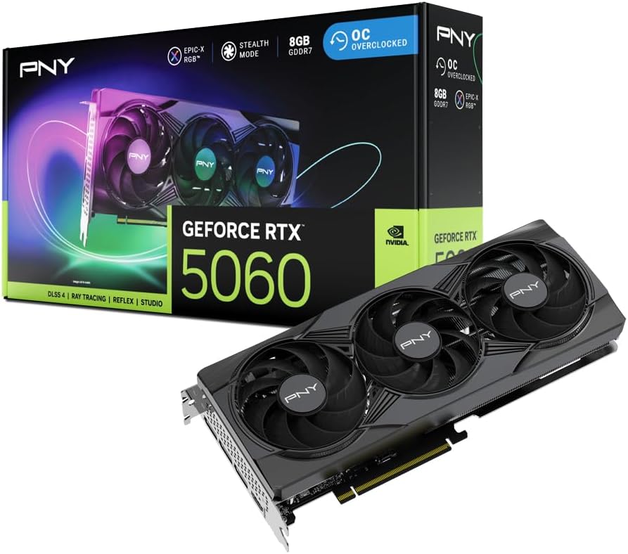 PNY RTX 5060 Epic-X ARGB OC Triple Fan GPU: 8GB GDDR7, PCIe 5.0, DLSS