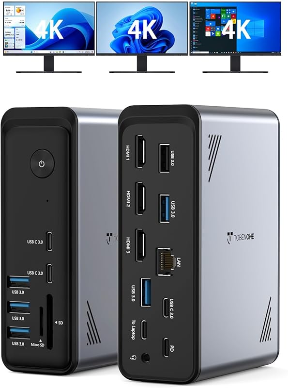 TobenONE 18-in-1 USB C Docking Station for 3 Monitors with Triple 4K D