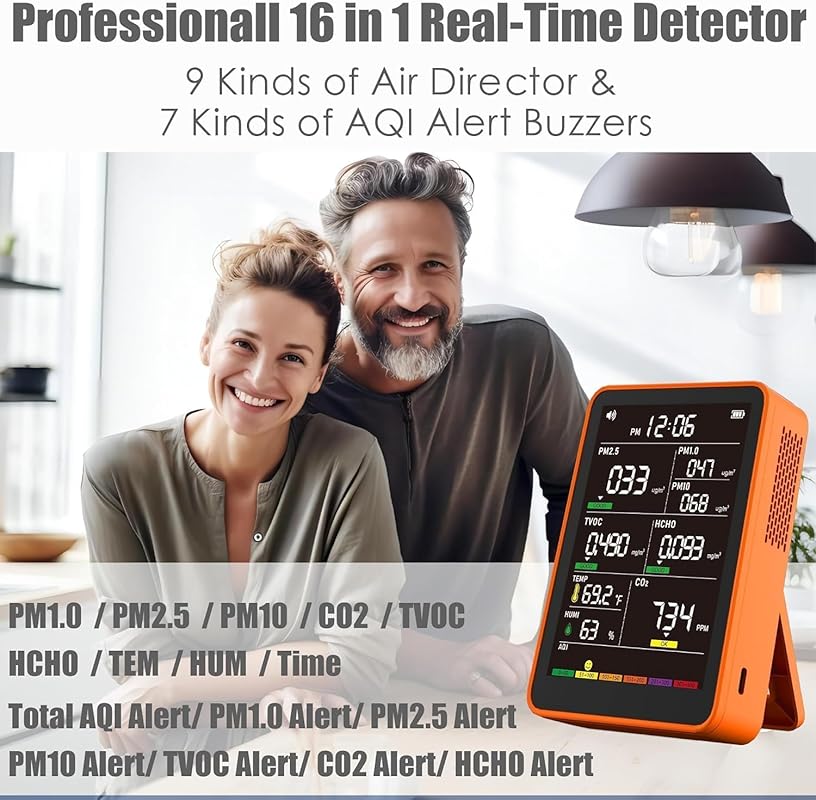 Professional Indoor Air Quality Monitor with AQI Alerts, Portable Real