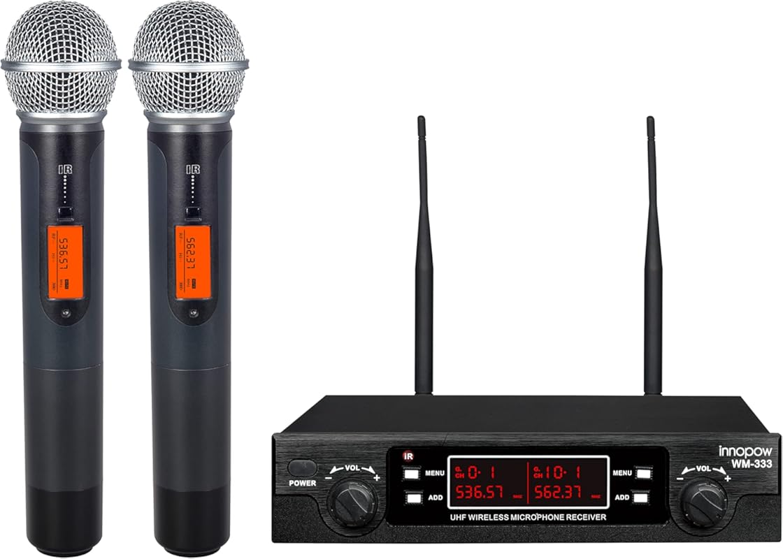 innopow WM333 200‑Channel Dual UHF Metal Wireless Microphone System, Auto‑Scan, 200‑240 ft Range, 16‑Hour Battery for Karaoke, Church & Stage