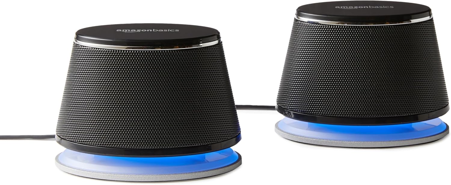Amazon Basics Stereo 2.0 Speakers deliver PC audio, control, 3.5mm aux
