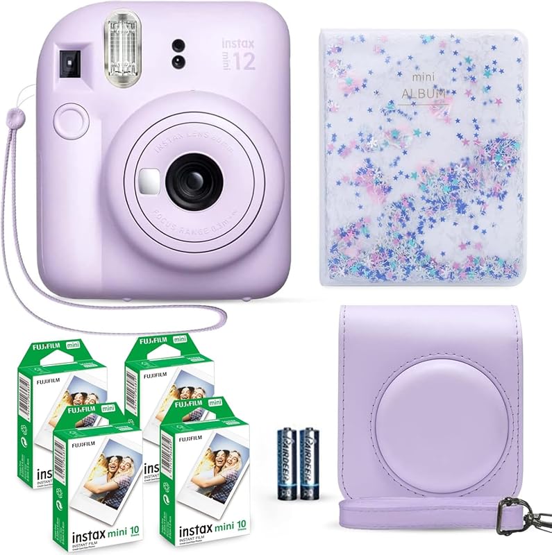 Fujifilm Instax Mini 12 Instant Camera in Lilac Purple with 40‑Sheet Film Pack, Carrying Case, Shutter Accessories, and 64‑Pocket Photo Album