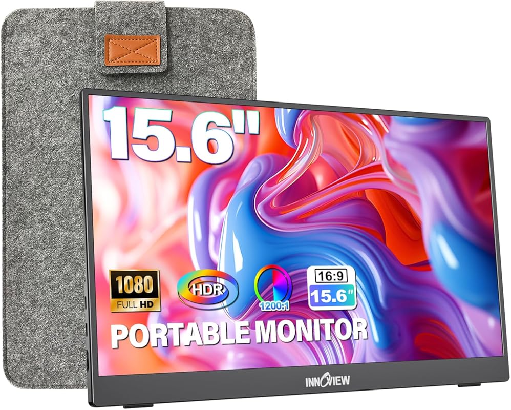 InnoView 15.6‑Inch Portable 1080p Monitor with USB‑C & HDMI, 90° Adjustable Stand, Protective Sleeve – Ultra‑Slim for Laptop