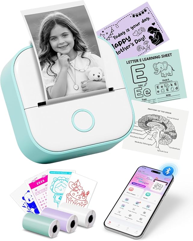 Memoking T02 Mini Sticker Printer – Bluetooth, Inkless Print Pods, Sma