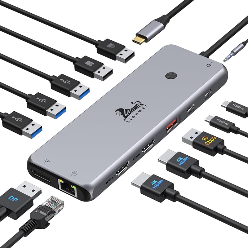 Lionwei 13‑in‑1 USB‑C Docking Station, Dual Monitor, Triple Display, 8