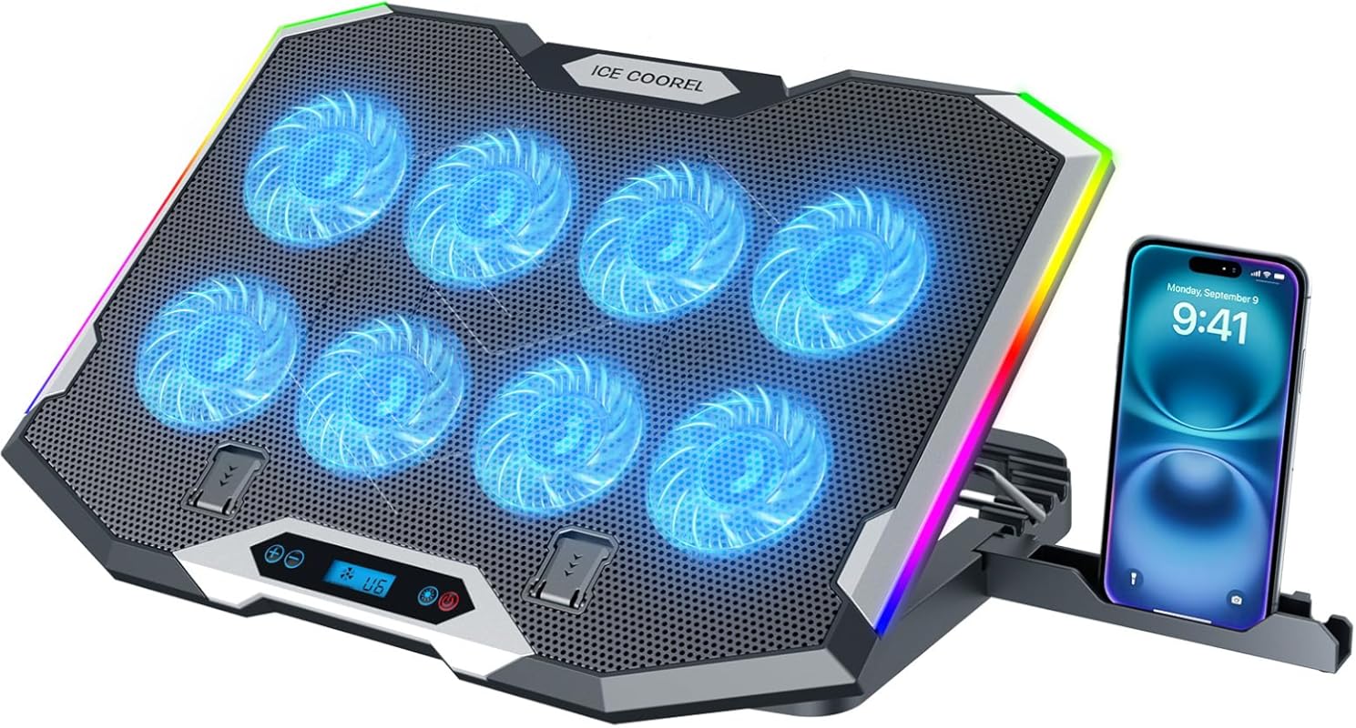 ICE COOREL Gaming Laptop Cooling Pad with 8 RGB Fans, 6 Adjustable Hei