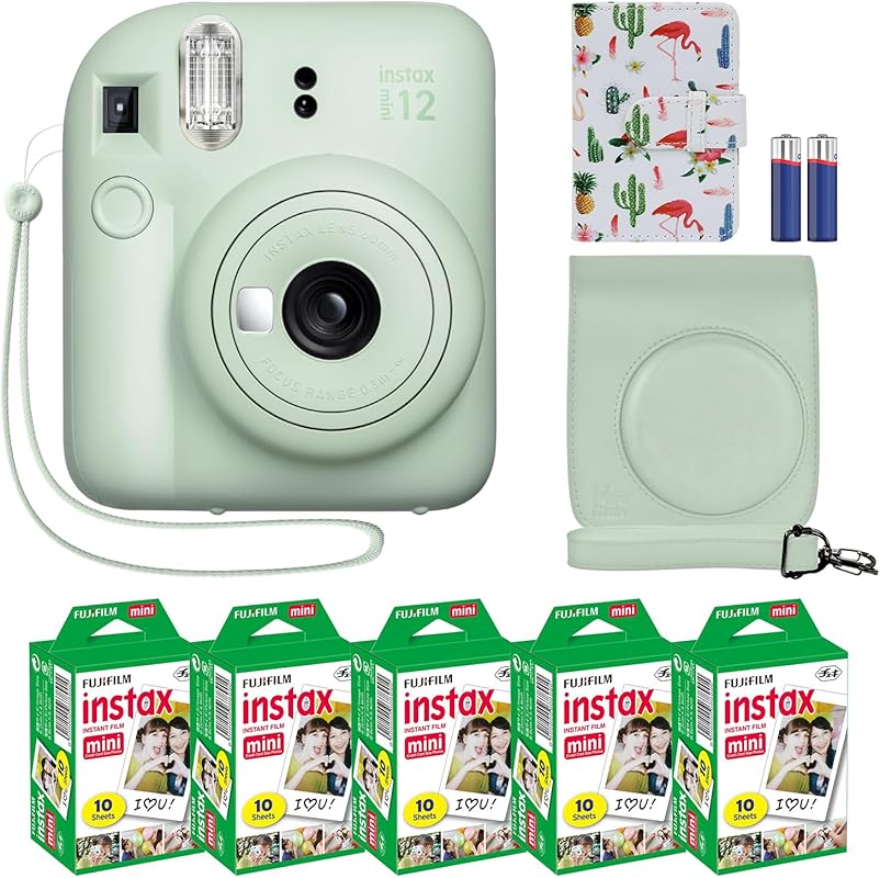 Fujifilm Instax Mini 12 Instant Camera Mint Green Bundle with MiniMate Case, Custom Case, 50‑Sheet Film Pack, and Flamingo Photo Album