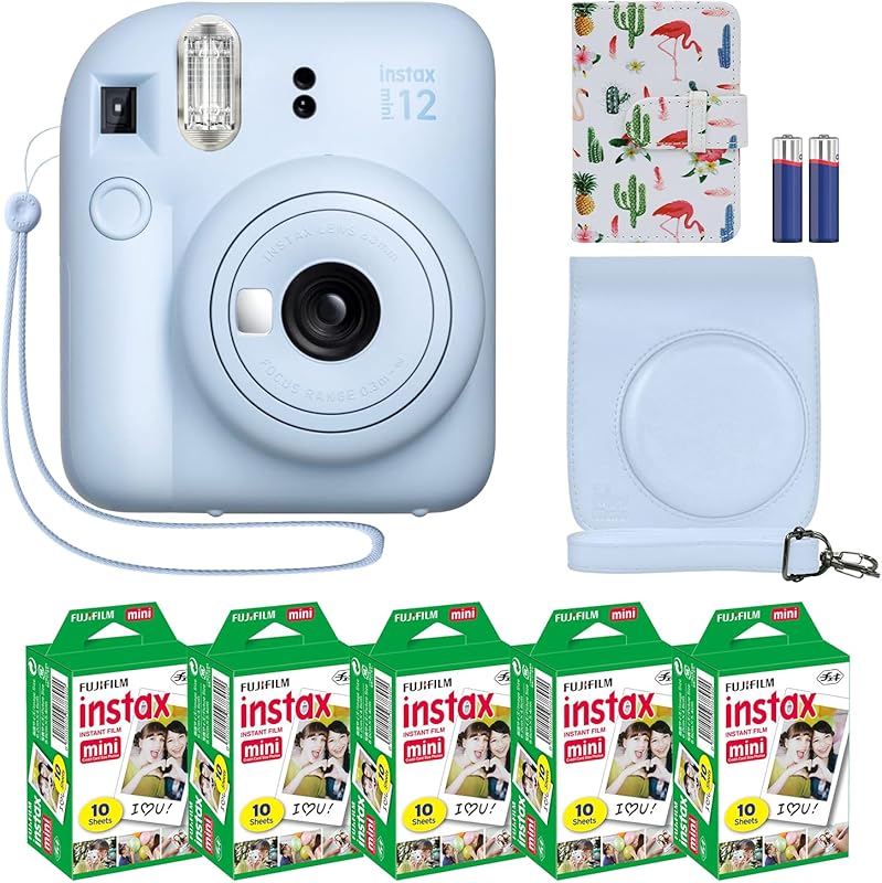 Fujifilm Instax Mini 12 Pastel Blue Bundle with MiniMate Case, Custom Case, 50‑Sheet Film Pack, and Flamingo Photo Album