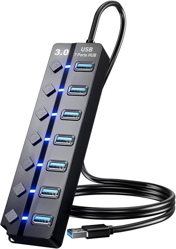 PANPEO 7‑Port USB 3.0 Hub with 3‑ft cable, LED individual on/off switc