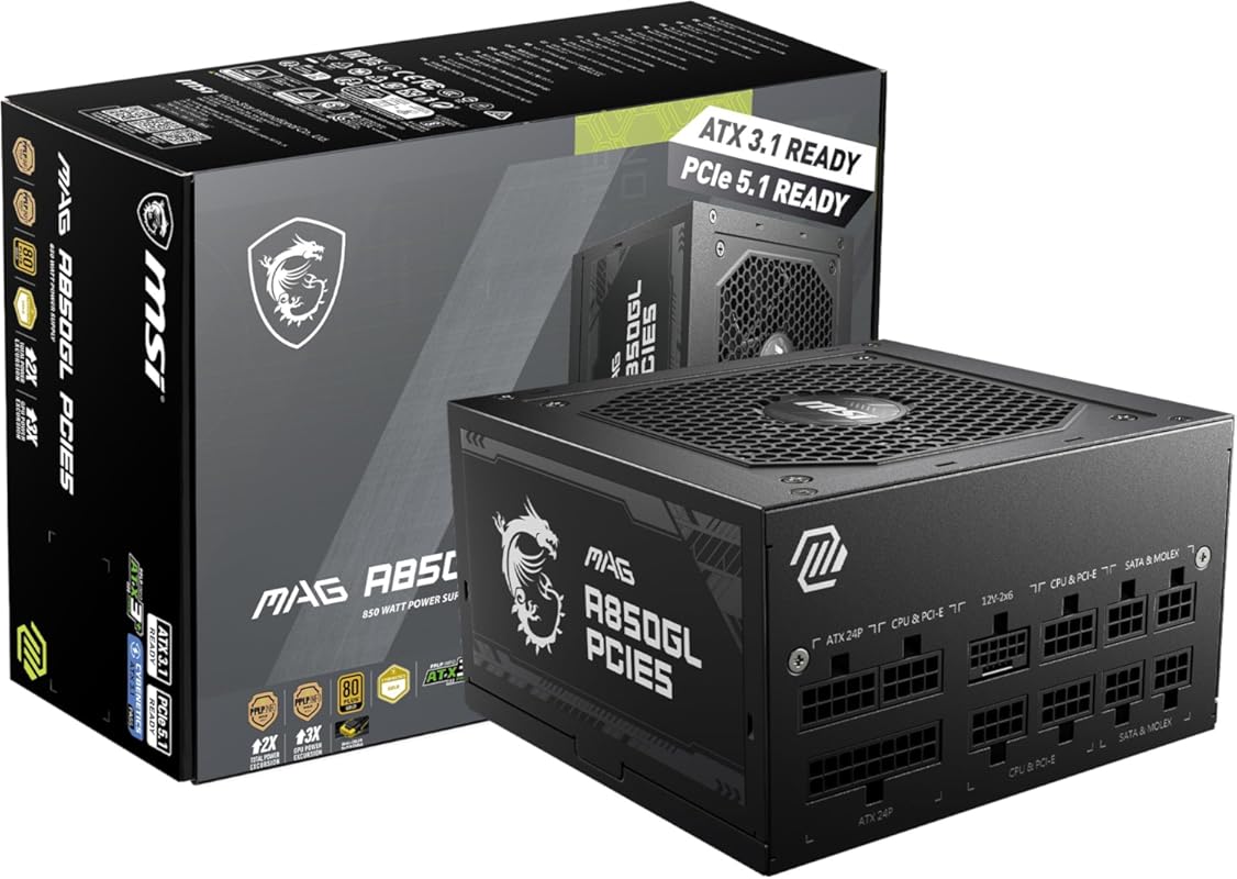 MSI MAG A850GL Compact Gaming Power Supply, 850W Fully Modular, 80+ Go