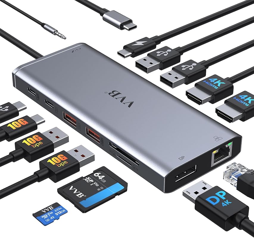 14‑in‑1 USB‑C Laptop Dock with Dual 4K HDMI, DisplayPort, 100W PD, 4US