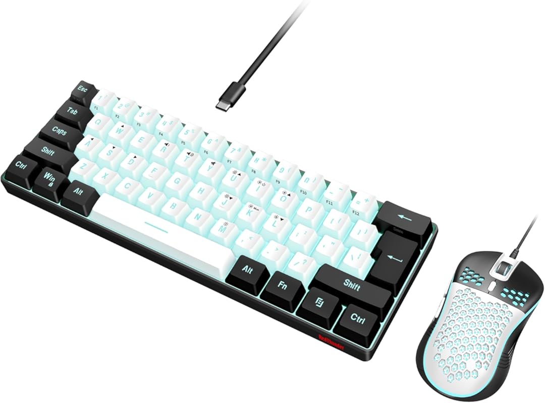RedThunder 60% Gaming Keyboard & Mouse Combo – Ultra‑compact 61‑key RGB backlit keyboard, 7200 DPI honeycomb optical mouse, wired set for PC, PS5, Xbox (White‑Black)